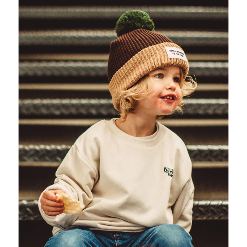 Bonnet enfant marron pompom vert Block Pistachio Hello Hossy