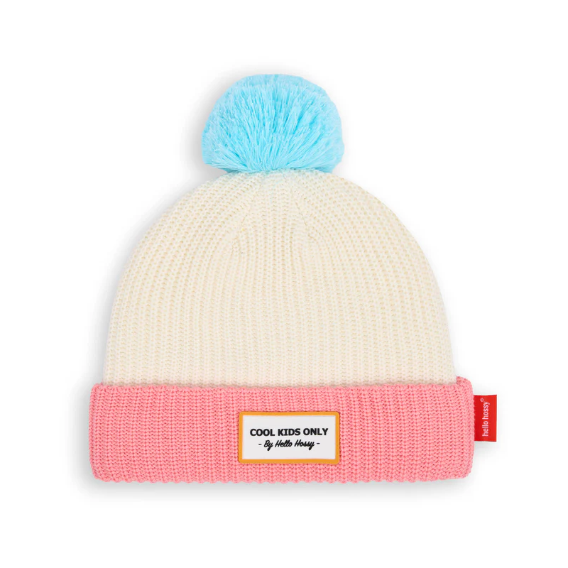 Bonnet blanc/rose pompom bleu Block Pink Ice Hello Hossy