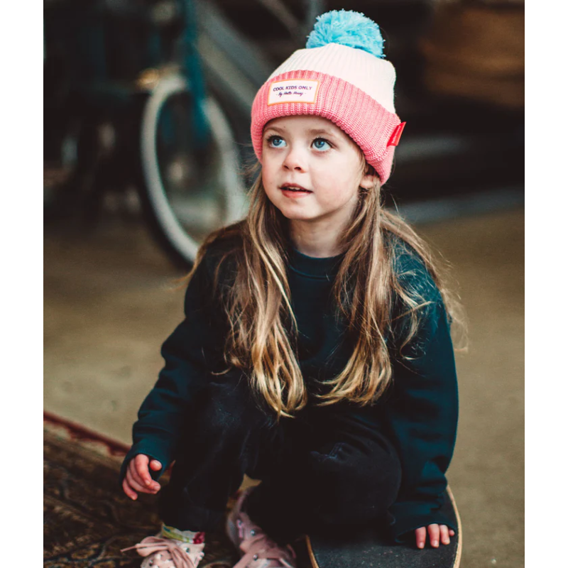 Bonnet blanc/rose pompom bleu Block Pink Ice Hello Hossy