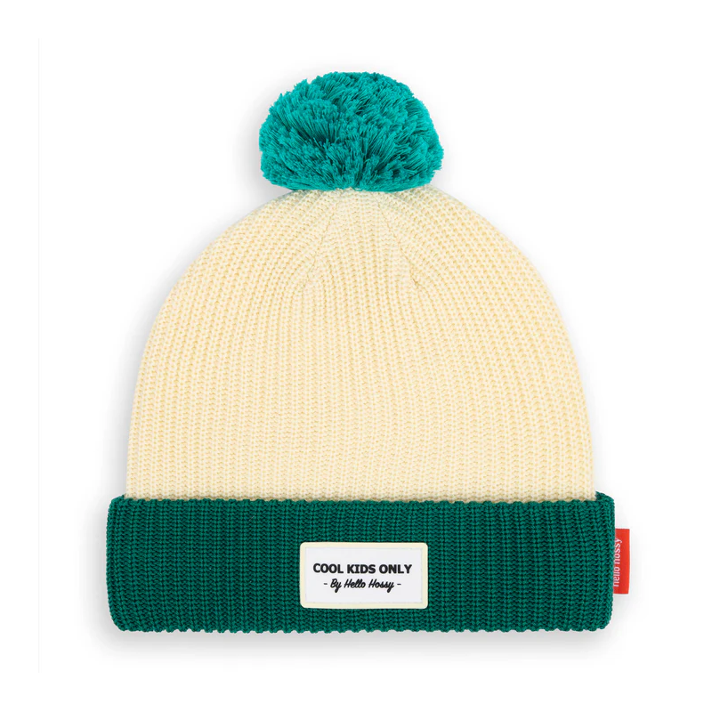 Bonnet blanc/vert avec pompom Block Hope Hello Hossy