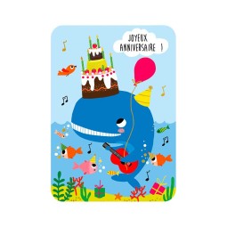 Carte postale baleine musicienne joyeux anniversaire pour enfants