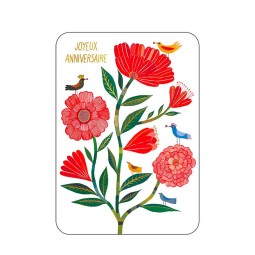 Carte postale "Joyeux anniversaire" fleurs rouges et oiseaux