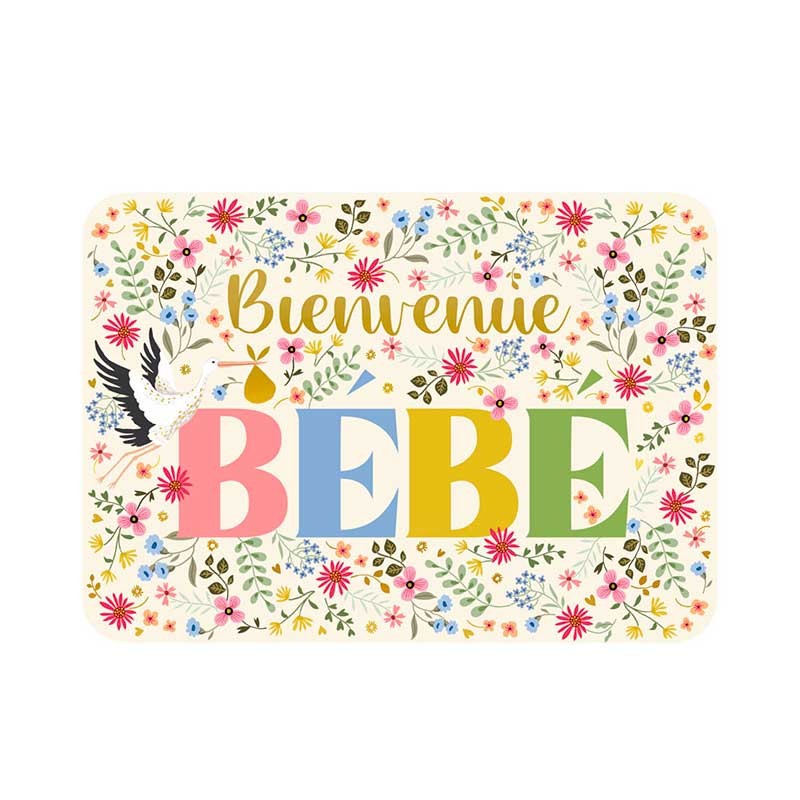 Carte postale "Bienvenue bébé" fleurie et colorée