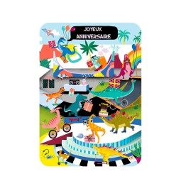 Carte postale "Joyeux anniversaire" dinosaures skatepark